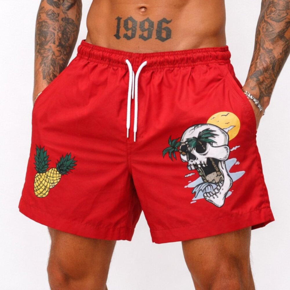WXYZ Red Graphic Swim Trunks Men Medium Skull Pineapple Elastic Drawstring